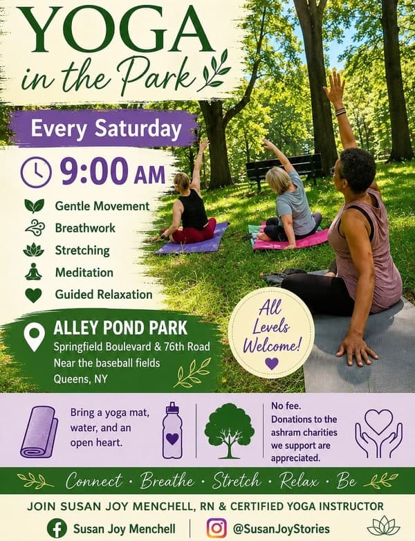 Yoga in the Park every Saturday at Alley Pond Park flyer